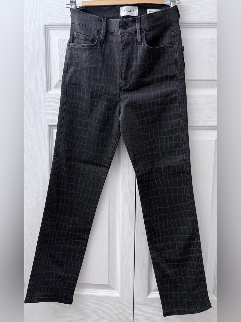 Frame Denim Black Croc-Embossed Straight Leg Jeans